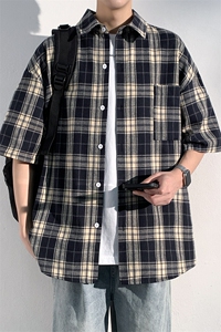 特批P25无差价夏季新款百搭休闲格子翻领短袖宽松衬衫男CD5504图片