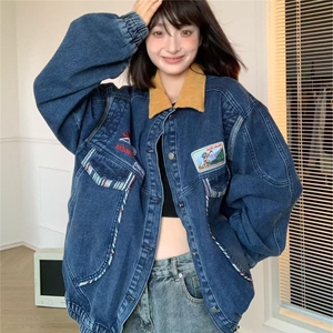 新款美式复古牛仔外套女机车潮牌翻领夹克宽松百搭上衣JK4012图片