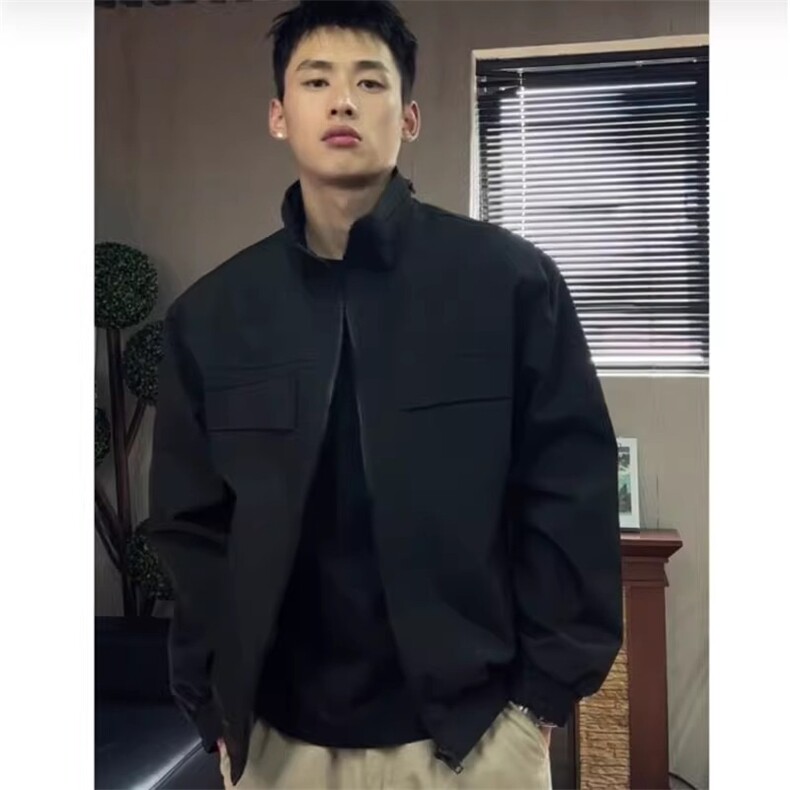 灰色美式短款工装外套男款秋季多口袋飞行员夹克摩托车立领骑行服图片