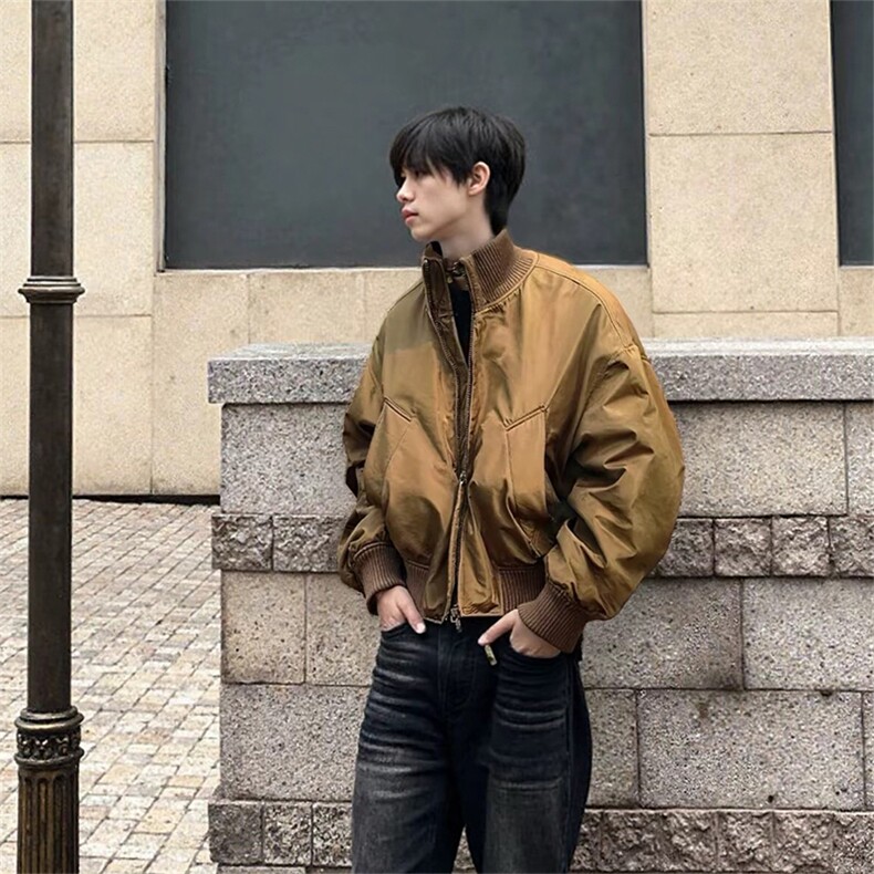 抖音得物美式潮休闲夹克春季立领纯色复古工装加厚棉服外套MF01,男装夹克,电商A443