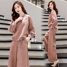 时尚两件套女2023秋装新款气质百搭长袖休闲V领鹿皮绒阔腿裤套装，女装套装/套裙，天丝秀