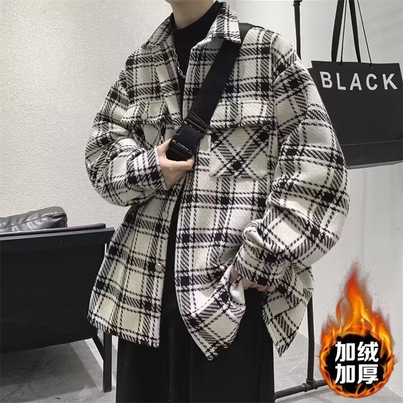 现货男士格子外套男秋冬款加绒加厚青少年潮牌男装2026新款千图片