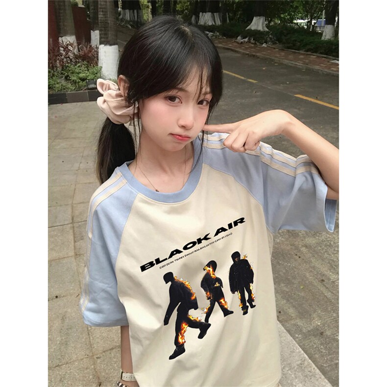 抖音得物品质二开240克宽松纯棉美式潮牌插肩三杠织带短袖T恤,男装T恤,电商A486