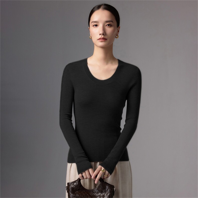 极简风精纺羊毛衫女2025新款法式高端修身显瘦针织打底衫通勤毛衣,女装羊毛衫,蚂蚁派对工厂直营店