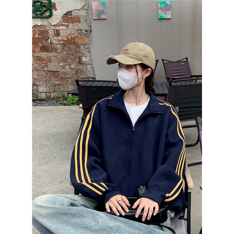 潮牌三条杠开衫卫衣男撞色条纹夹克外套痞帅宽松情侣上衣JKX203，男装夹克，星座516A