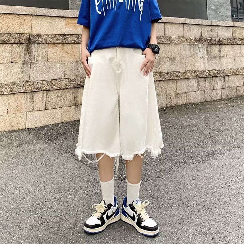 嘻哈复古夏季五分裤毛边水洗牛仔裤宽松直筒短裤男女同款裤子,男装牛仔裤,星座410-6（原星座1304-1）
