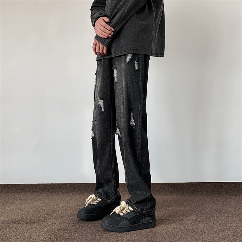 双色破洞牛仔裤男春夏款直筒宽松美式复古裤子潮流784/p56，男装牛仔裤，电商B381-1