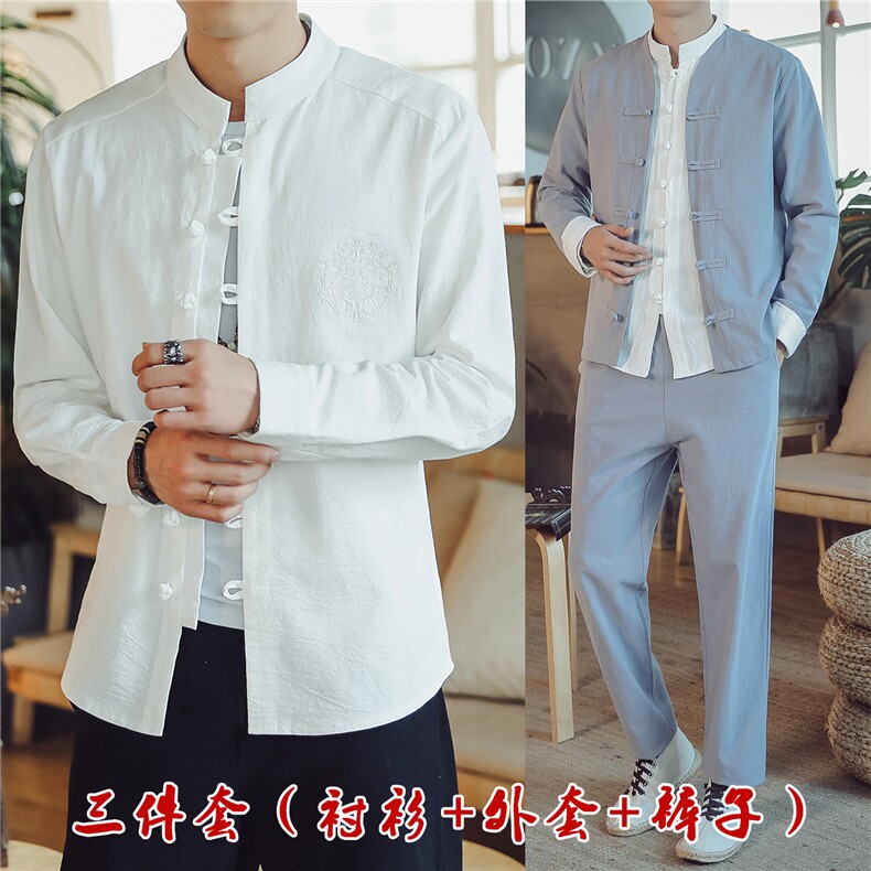 7057三件套春装中国风盘扣外套男休闲套装复古棉麻QT715浅灰，男装套装，钱塘715