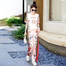 醋酸休闲运动女夏装搭配一整套欧洲站爆款时尚冰丝印花，女装运动套装，然然