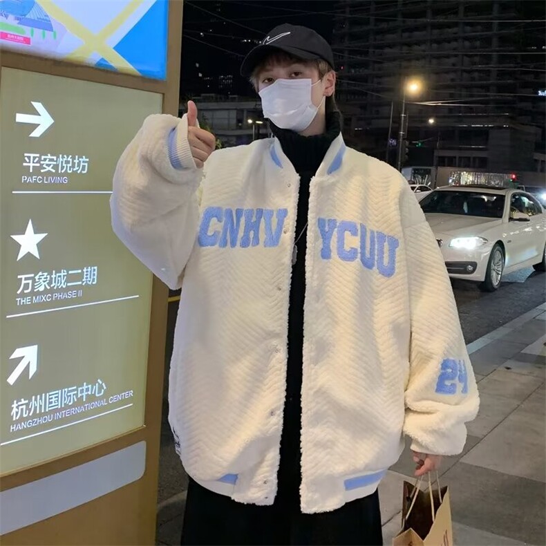 冬季棒球领棉衣外套男羊羔绒刺绣潮青少年港风潮流加厚棉服 Y115图片