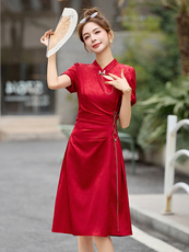 新中式国风连衣裙女2025夏季新款小个子修身显瘦改良红色旗袍裙子，女装连衣裙，依如秀(原杭风阁)