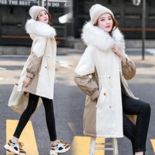 2020冬季新款优雅格调时尚气质保暖蕾丝拼接大毛领连帽派克服棉衣，女装棉衣/棉服，艾尚靓装