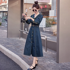 （现货）2026春秋装新款复古色毛边翻领牛仔连衣裙（配腰带），女装连衣裙，印象茜
