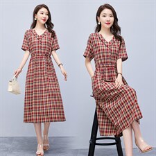 连衣裙2022年夏季潮流舒适简约时尚中长款圆领格子，女装连衣裙，贵人树