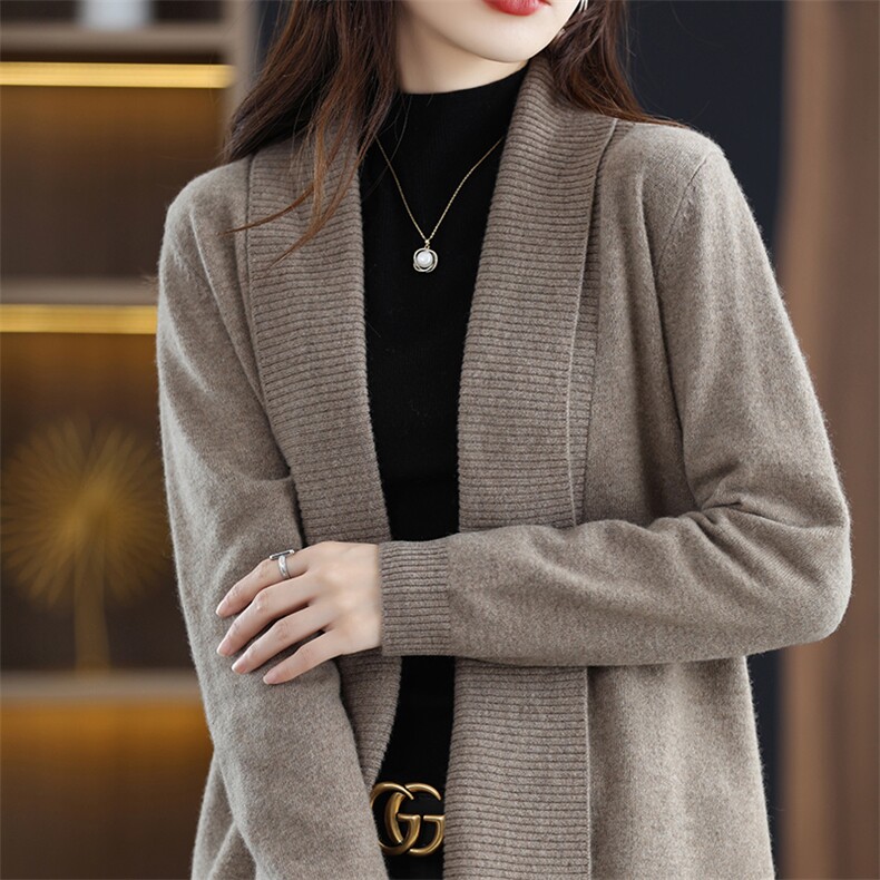 23秋冬新款韩版针织开衫女中长款翻领外搭长袖加厚V领衫,女装羊毛衫,邦太羊绒