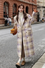 格纹大衣内胆羽绒服2024冬女甜美长款小个子加厚韩系西装毛呢外套，女装羽绒服，2C085