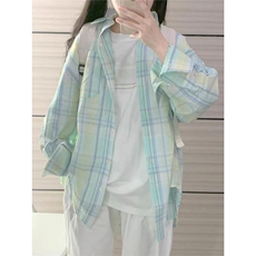 曼波风薄荷绿格子衬衫外套女春秋薄款小个子宽松chic防晒衬衣开衫，男装防晒衣，星座1210-1