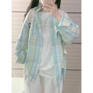 曼波风薄荷绿格子衬衫外套女春秋薄款小个子宽松chic防晒衬衣开衫图片