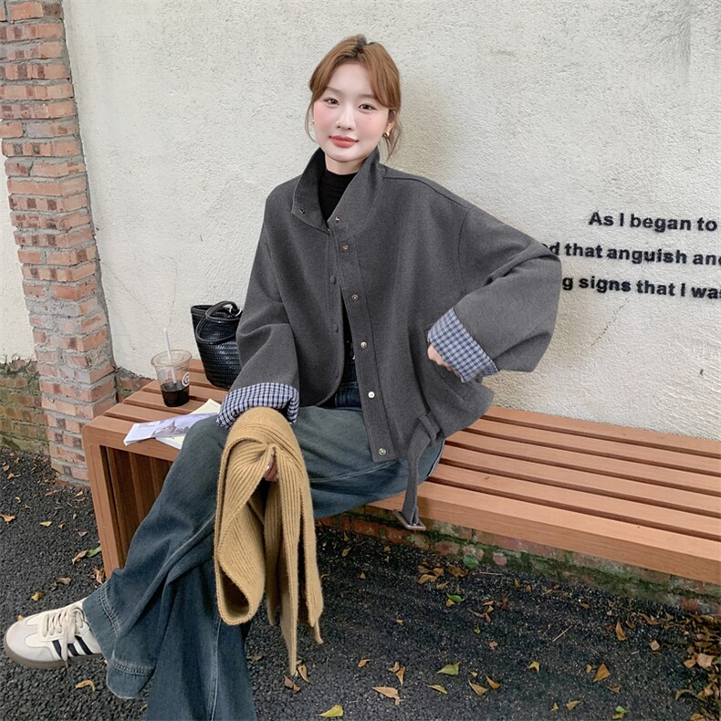 美拉德风休闲短外套女2025秋季新款小个子高级感宽松百搭立领夹克,女装短外套,2C129