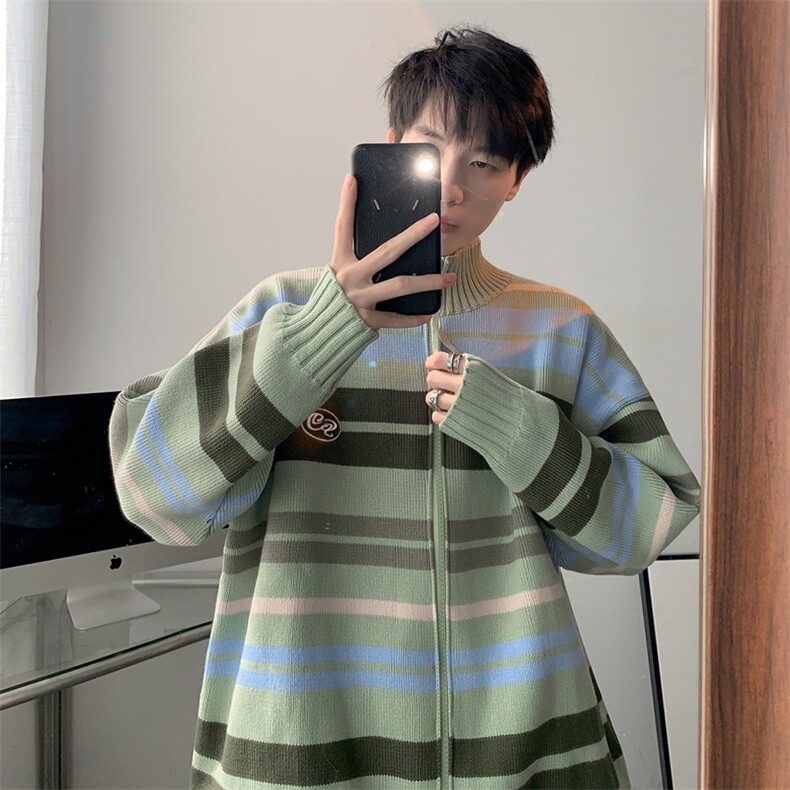 慵懒风彩虹条纹毛衣早秋立领拉链开衫新款外套针织春秋男U12/P60,男装针织衫/毛衣,星座506