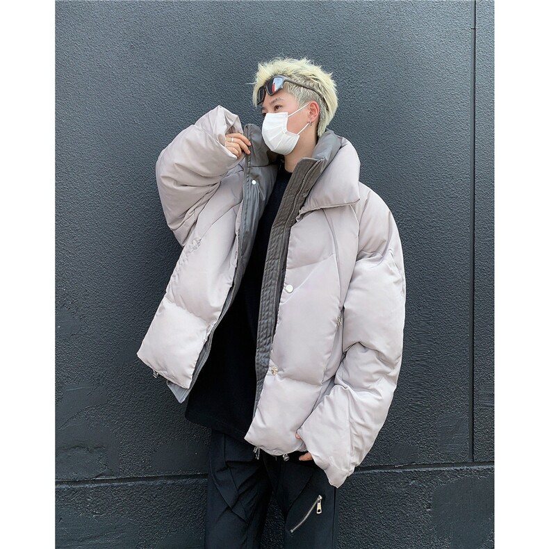 PU皮拼接假两件棉衣男亮面双层小众设计感加厚宽松棉服外套潮,男装棉衣,星座1013