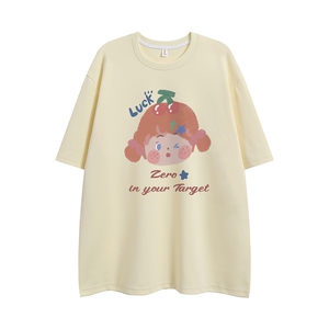 白底 夏季百搭宽松卡通印花时尚圆领100棉短袖T恤T61114P25控38图片