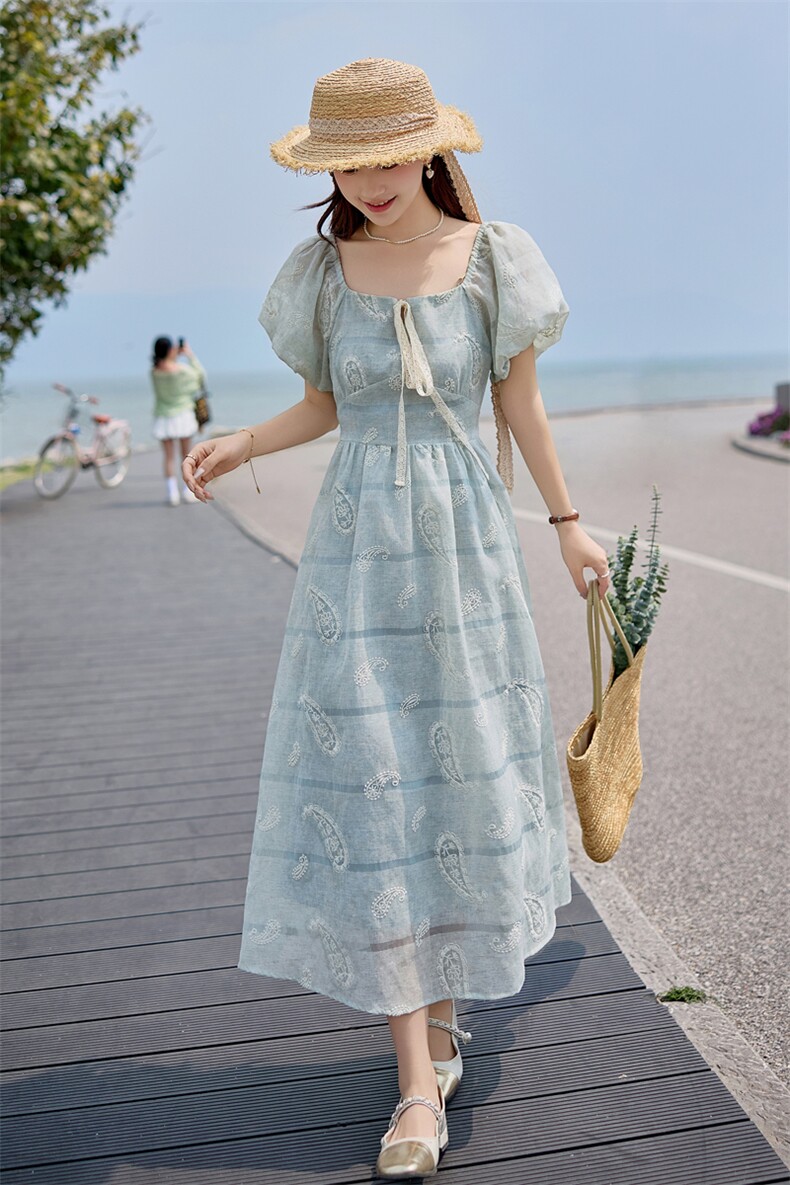57157欧货25夏季新款欧货减龄时尚百搭显瘦方领泡泡袖连衣裙女潮,女装连衣裙,难舍钰依