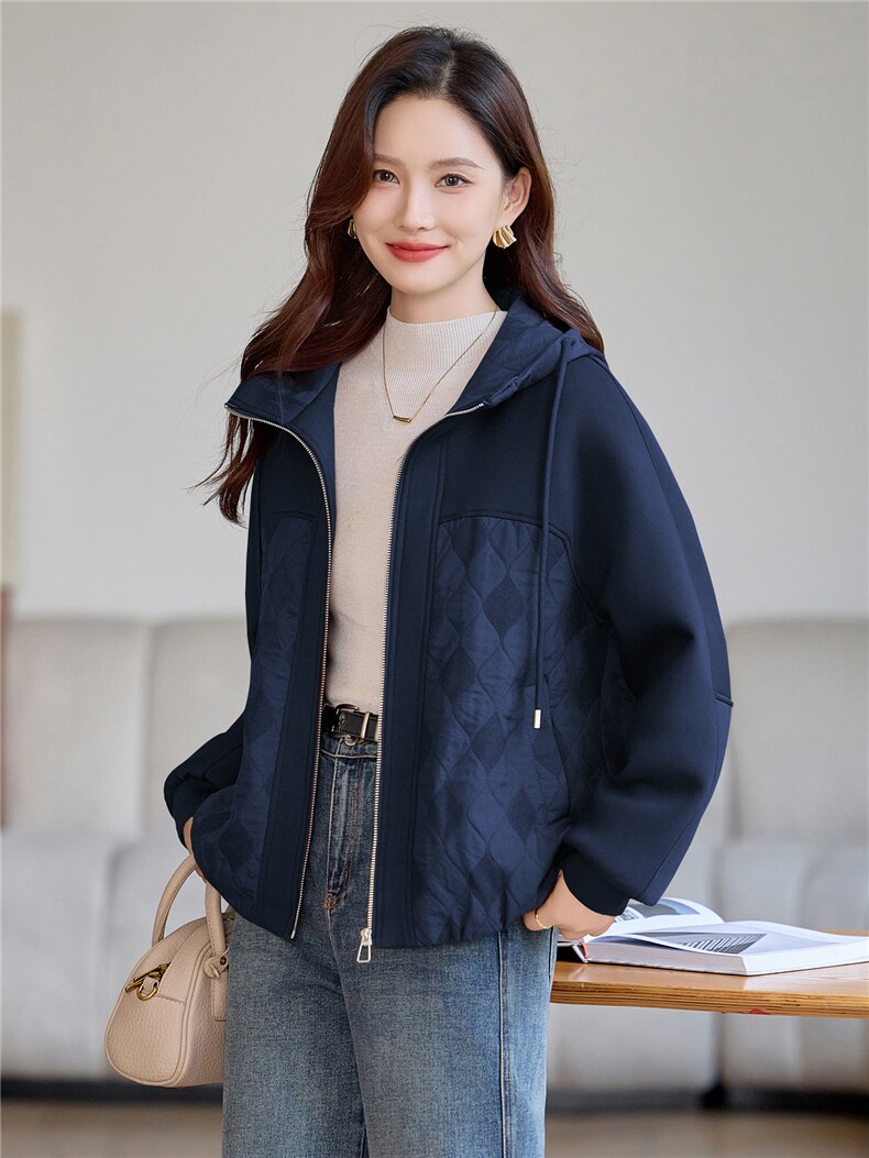 现货!2025年冬季休闲连帽拼接宽松时尚夹棉加厚女外套,女装棉衣/棉服,依恋蒂丝