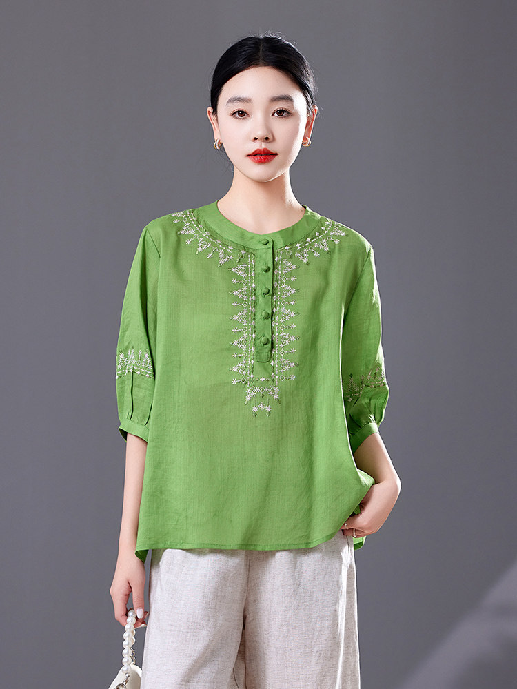 2025天丝苎麻文艺复古刺绣夏季新款立领衬衫宽松绣花妈妈小衫上衣,女装衬衫,靓衣阁