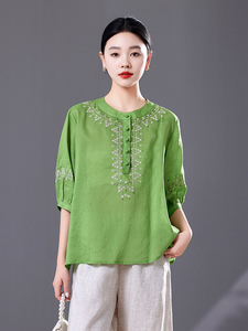 2025天丝苎麻文艺复古刺绣夏季新款立领衬衫宽松绣花妈妈小衫上衣图片