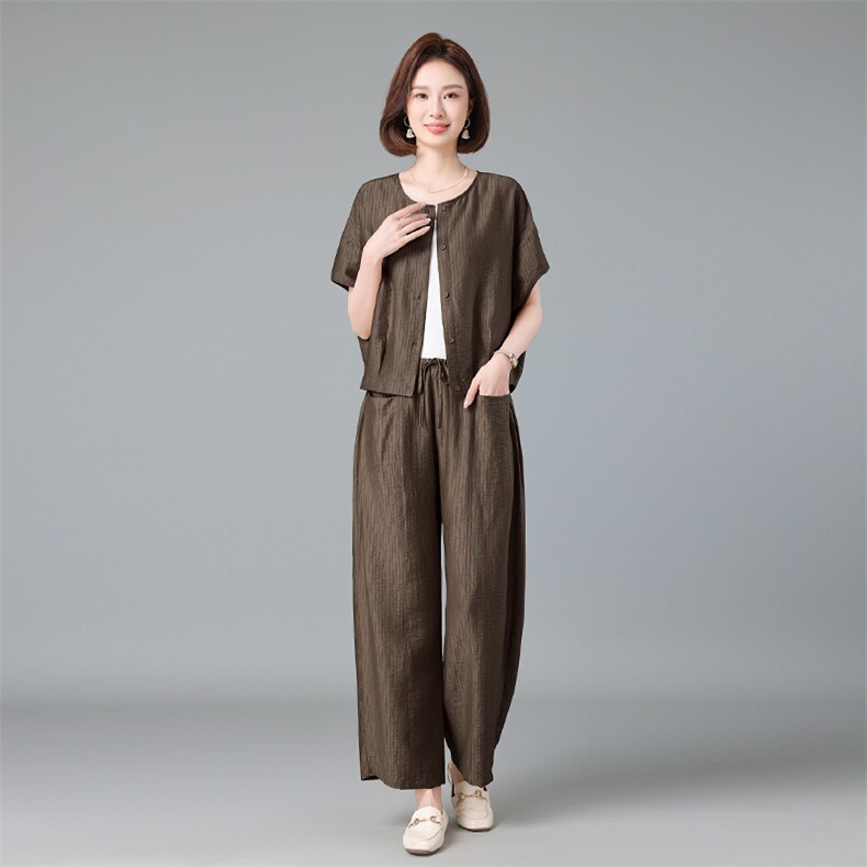 中年妈妈天丝棉麻套装女夏季新款贵夫人短袖衬衫阔腿裤减龄两件套,女装套装/套裙,深水步