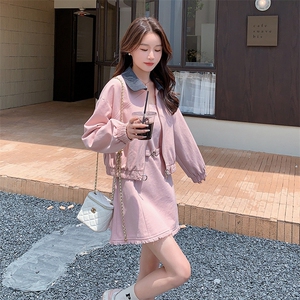 撞色翻领粉色外套连衣裙两件套女2024秋季新款韩系穿搭小个子套装图片