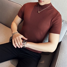 2024春夏款纯色修身半高领短袖针织毛衣打底衫男M03-p45M-4XL，男装针织衫/毛衣，电商D303