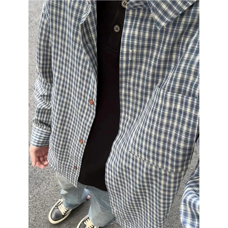 1506/QC160/P39美式高街蓝色格子衬衫叠穿衬衣潮牌情侣外套,男装衬衫,星座1506