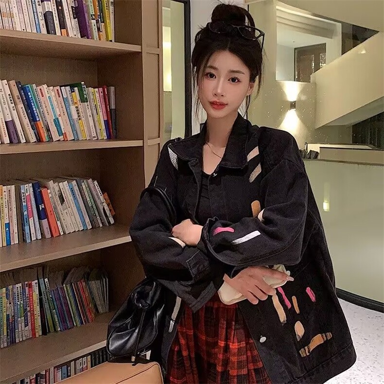 887-P52彩色涂鸦牛仔外套女春秋新款大码胖MM设计感小众,男装工装外套,电商B323A