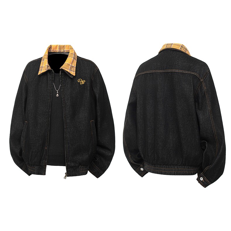 得物品质秋款男牛仔夹克衫刺绣格子领拼接宽松外套JK1041P85,男装工装外套,星座1013-1