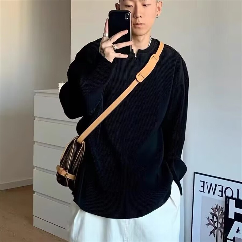 特大码褶皱坑条t恤男女设计感V领宽松长袖cityboy亨利领体恤300斤,男装T恤,星座506A