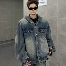 水洗做旧解析拉链连帽牛仔外套男女高街痞帅夹克外套GA8869P92，男装工装外套，星座1013-5