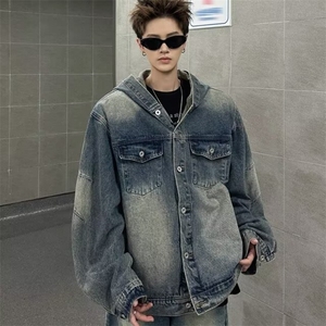 水洗做旧解析拉链连帽牛仔外套男女高街痞帅夹克外套GA8869 P92图片