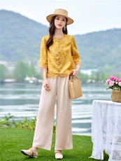 钉珠印花优雅套装女2026夏季新款复古气质宽松阔腿裤两件套，女装套装/套裙，衣之秀