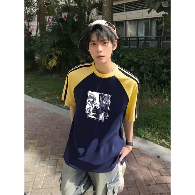 抖音得物品质二开240克宽松纯棉美式潮牌插肩三杠织带短袖T恤,男装T恤,电商A486