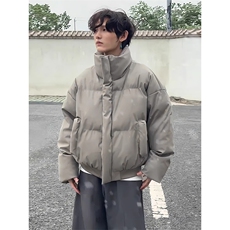 现货5W件冬季三防重磅硬挺boxy短款羽绒立领PU皮棉衣外套加厚棉服，男装棉衣，电商A486-1