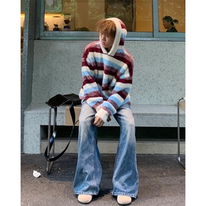 【有货】连帽拼色设计感条纹毛衣男女款情侣针织衫G83CC-特P68图片