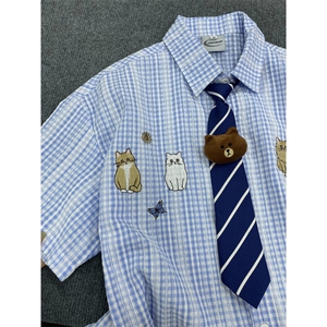 【有货】BK935CC-特P38 复古小猫刺绣格子短袖衬衫男女图片