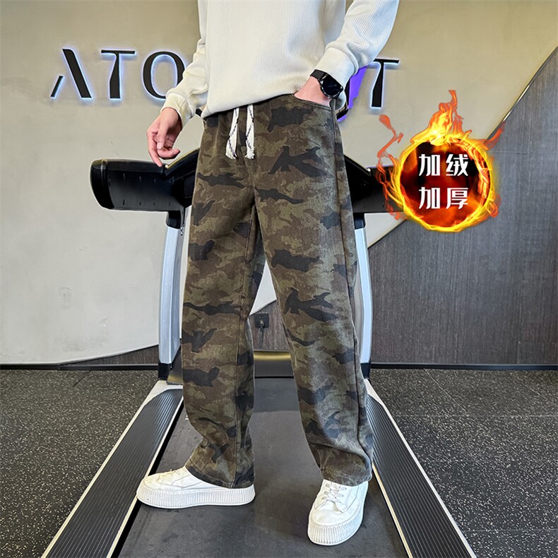 秋冬迷彩加绒牛仔裤 男士直筒拼接弯刀裤加绒长裤潮901N46加绒P68图片