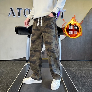 秋冬迷彩加绒牛仔裤 男士直筒拼接弯刀裤加绒长裤潮901N46加绒P68图片