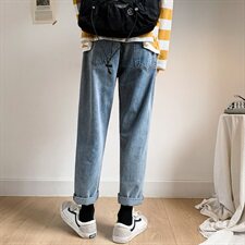 秋季韩版宽松直筒九分裤港风百搭浅色复古牛仔裤男N/，男装牛仔裤，电商D202