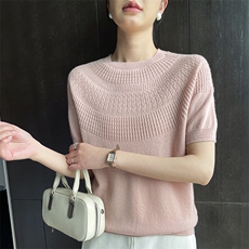 2025春夏新款圆领100%纯山羊绒衫镂空女短袖透气亲肤针织T恤上衣，女装T恤，玖雪绒羊绒