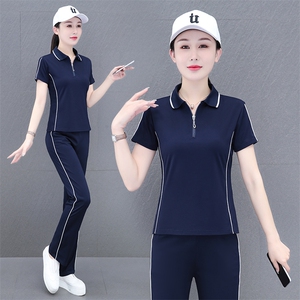 燕颉冰丝运动服套装女夏季2023年时尚洋气翻领薄款短袖休闲两件套图片