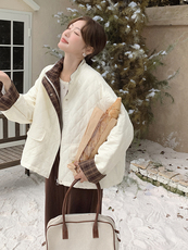 米白色撞色菱格保暖棉服外套2c309-872-p175-k258，女装棉衣/棉服，2C309